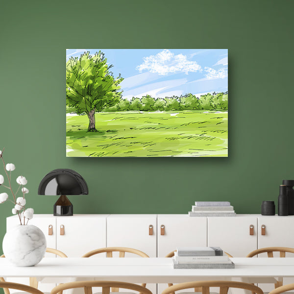 Serene Boom en Grasveld Onder Blauwe Luchtposter