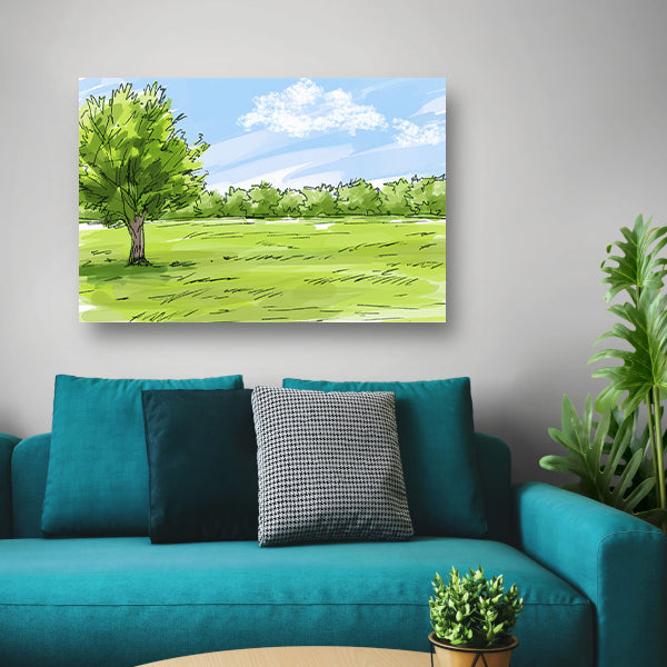 Serene Boom en Grasveld Onder Blauwe Luchtposter