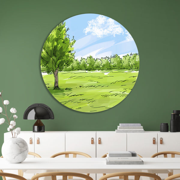 Serene Boom en Grasveld Onder Blauwe Lucht aluminium muurcirkel
