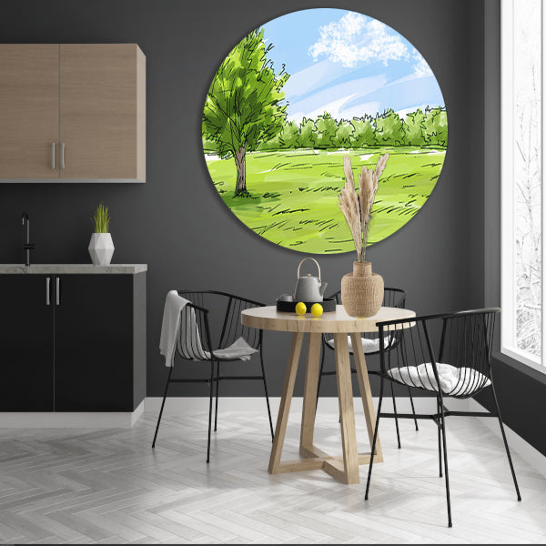 Serene Boom en Grasveld Onder Blauwe Lucht aluminium muurcirkel