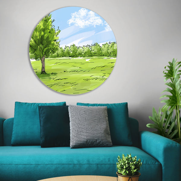 Serene Boom en Grasveld Onder Blauwe Lucht aluminium muurcirkel