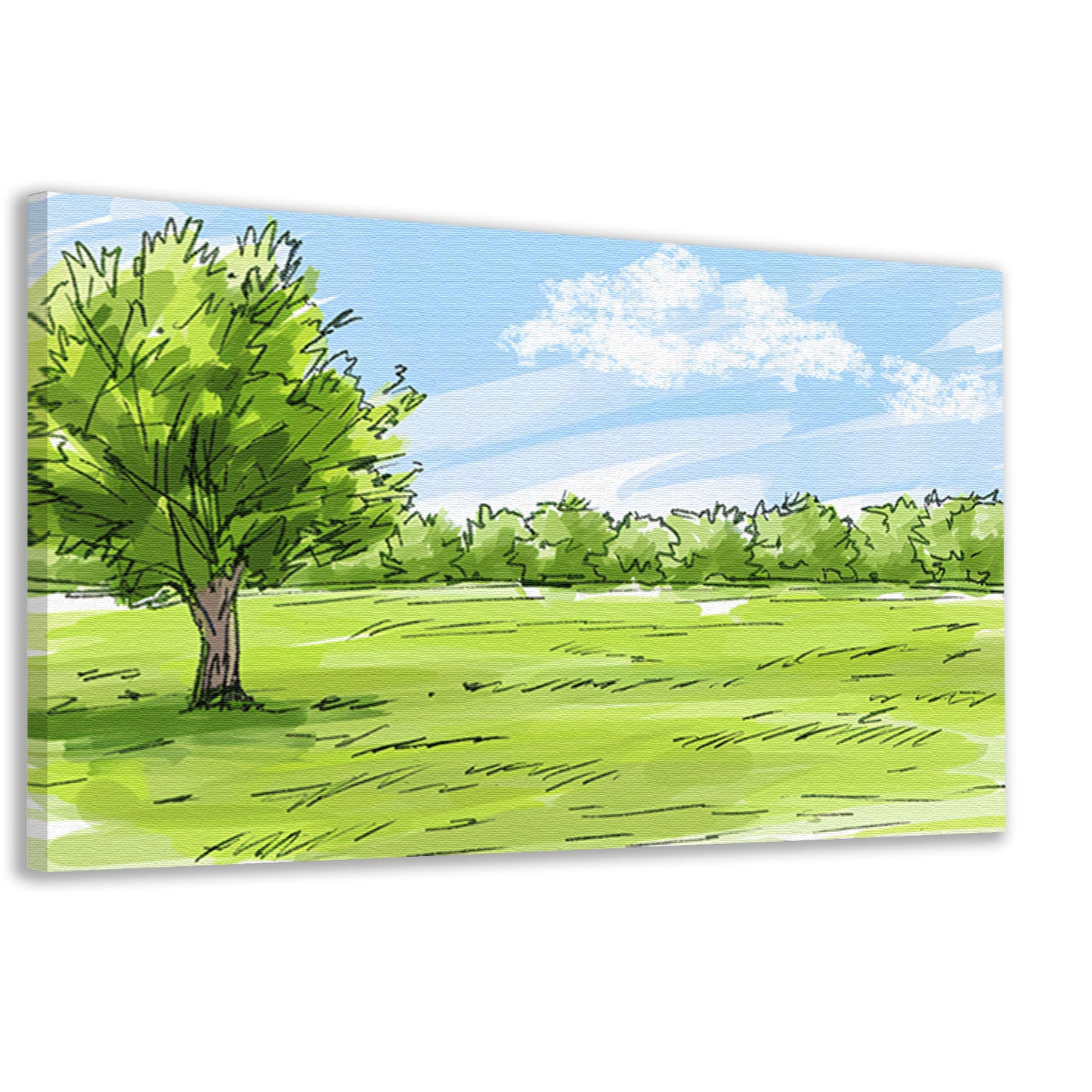 Serene Boom en Grasveld Onder Blauwe Lucht canvas