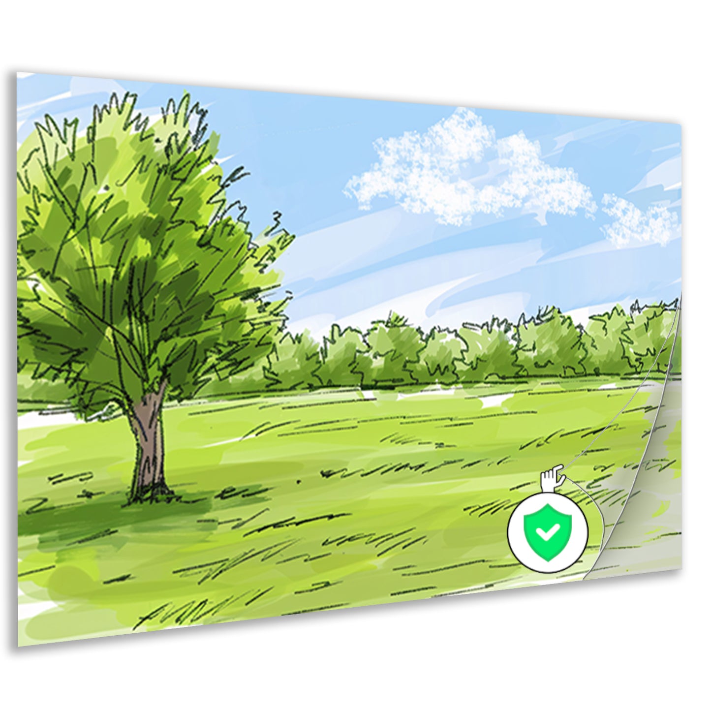 Serene Boom en Grasveld Onder Blauwe Luchtposter