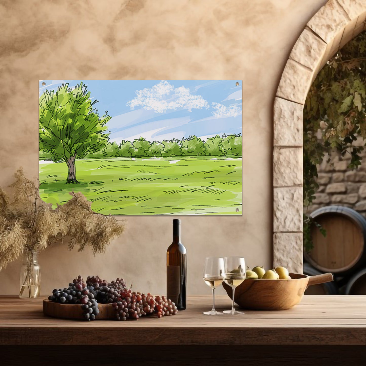 Serene Boom en Grasveld Onder Blauwe Lucht tuinposter