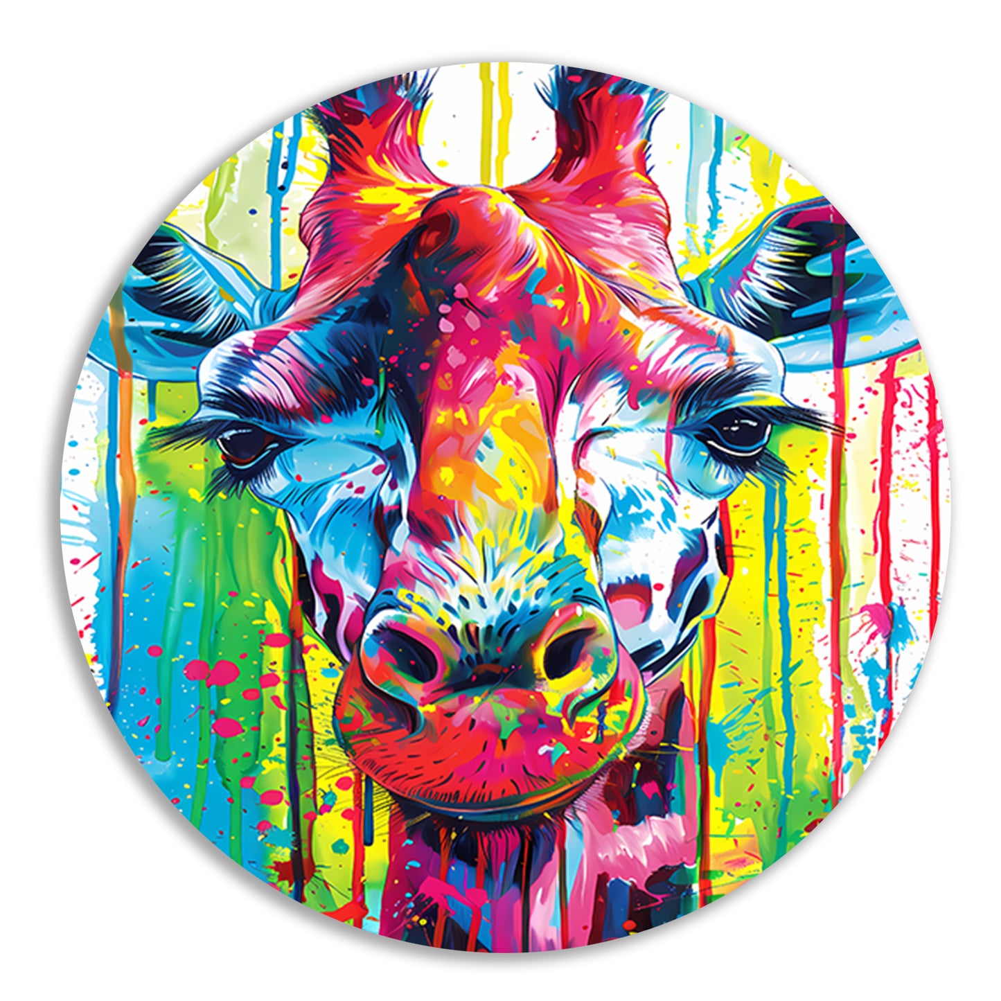 Kleurrijke giraffe met abstracte verfspetters aluminium muurcirkel