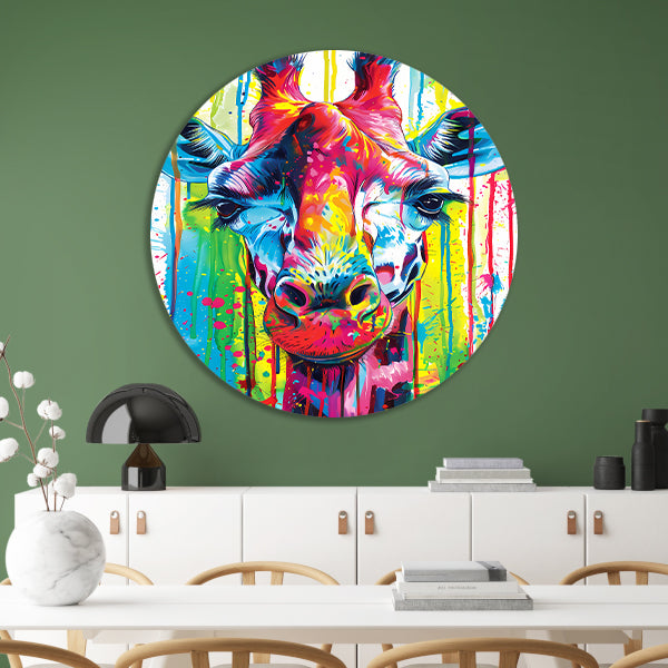 Kleurrijke giraffe met abstracte verfspetters aluminium muurcirkel