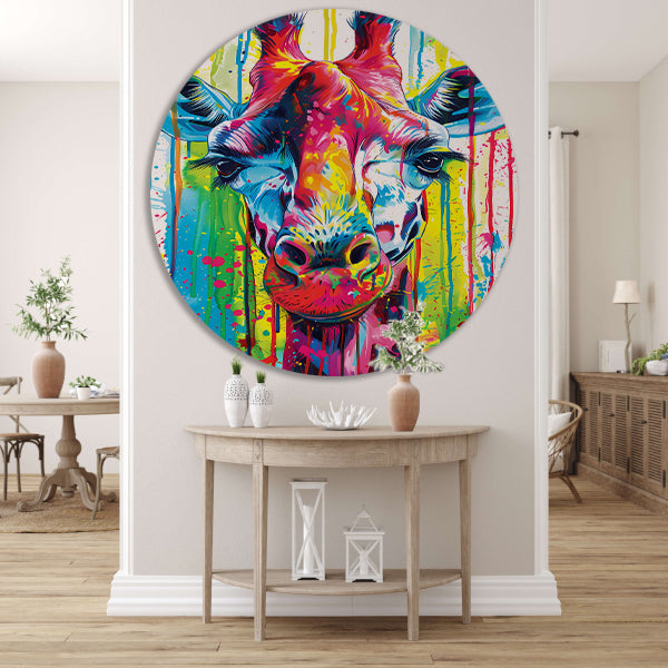 Kleurrijke giraffe met abstracte verfspetters aluminium muurcirkel
