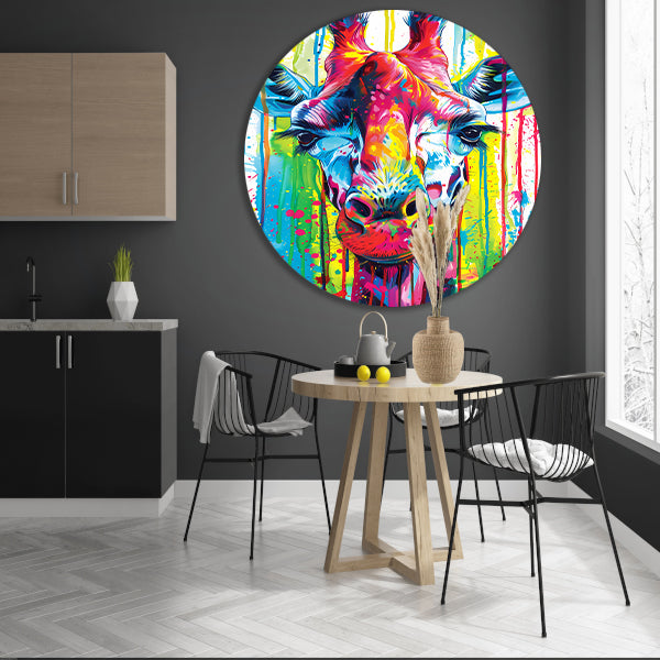 Kleurrijke giraffe met abstracte verfspetters aluminium muurcirkel