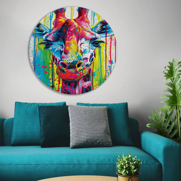 Kleurrijke giraffe met abstracte verfspetters aluminium muurcirkel