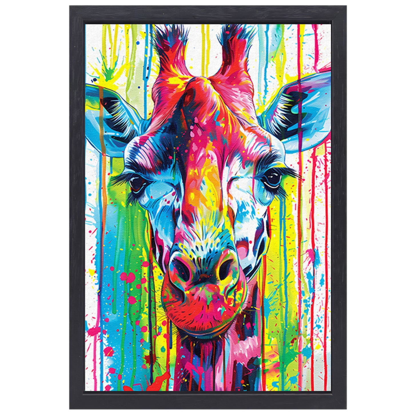 Kleurrijke giraffe met abstracte verfspetters canvas met baklijst
