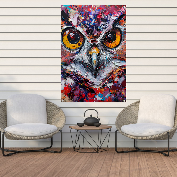 Abstracte, kleurrijke uil met dynamische verfexplosies tuinposter