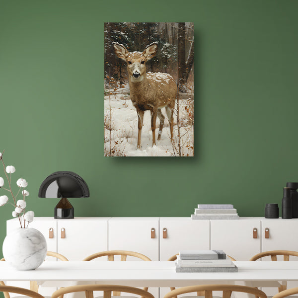 Realistisch schilderij van hert in besneeuwd bos canvas