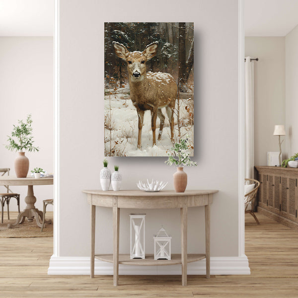 Realistisch schilderij van hert in besneeuwd bos canvas