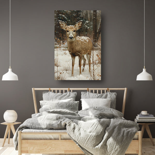 Realistisch schilderij van hert in besneeuwd bos canvas