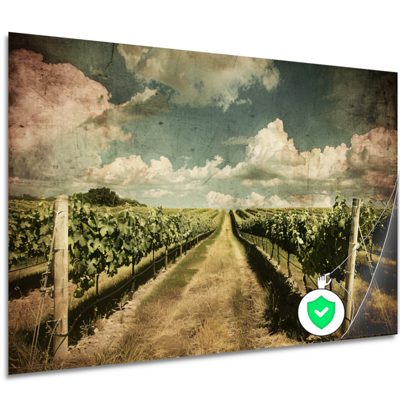 Wijngaardpad onder een dynamische wolkenhemel poster