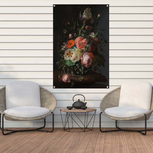 Stilleven met bloemen op een marmeren tafelblad - Rachel Ruysch tuinposter