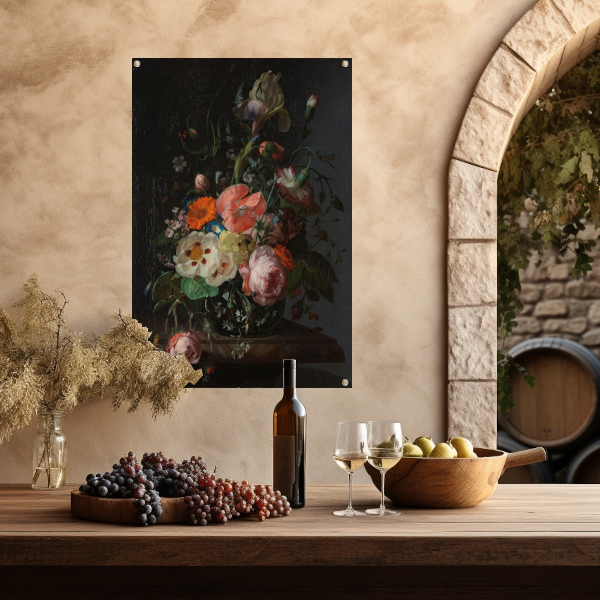 Stilleven met bloemen op een marmeren tafelblad - Rachel Ruysch tuinposter