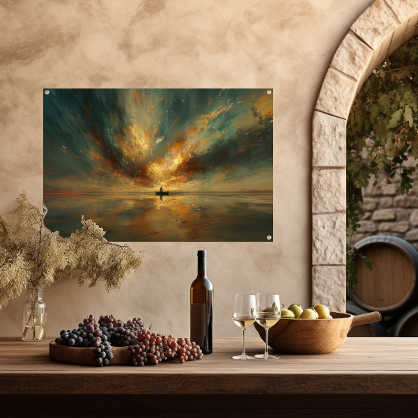 Impressionistische boot op woeste zee tuinposter