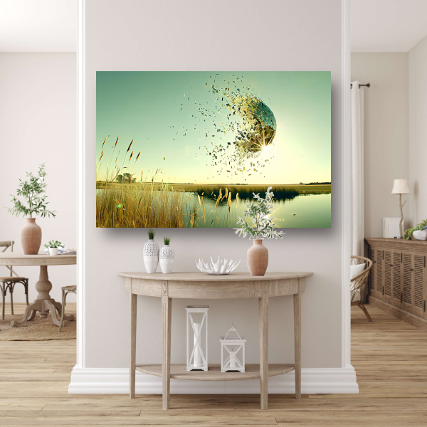 Zwevende wereldbol boven water poster