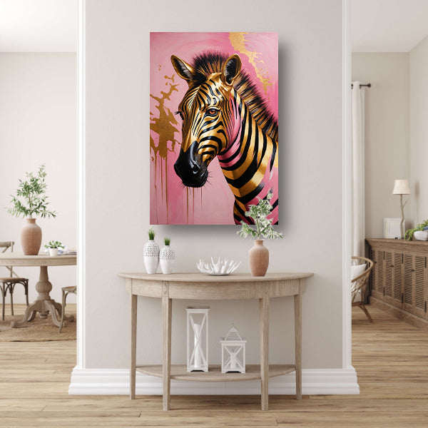 Gouden Zebra met Roze Achtergrond Kunstwerk poster