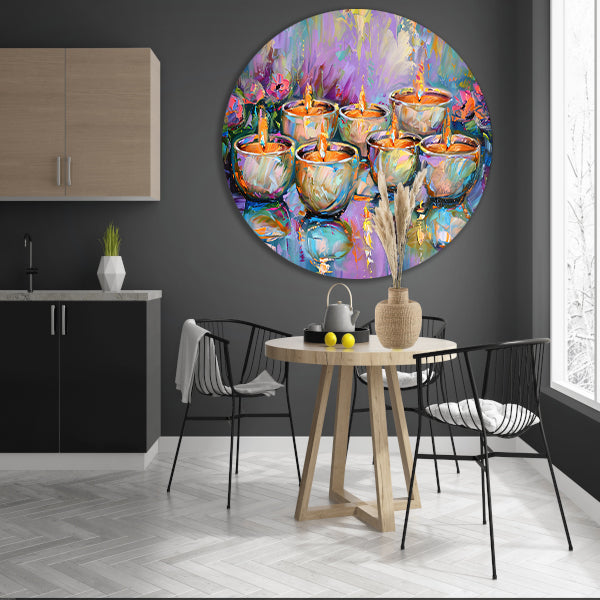 Kleurrijk abstract schilderij van brandende kaarsen forex muurcirkel