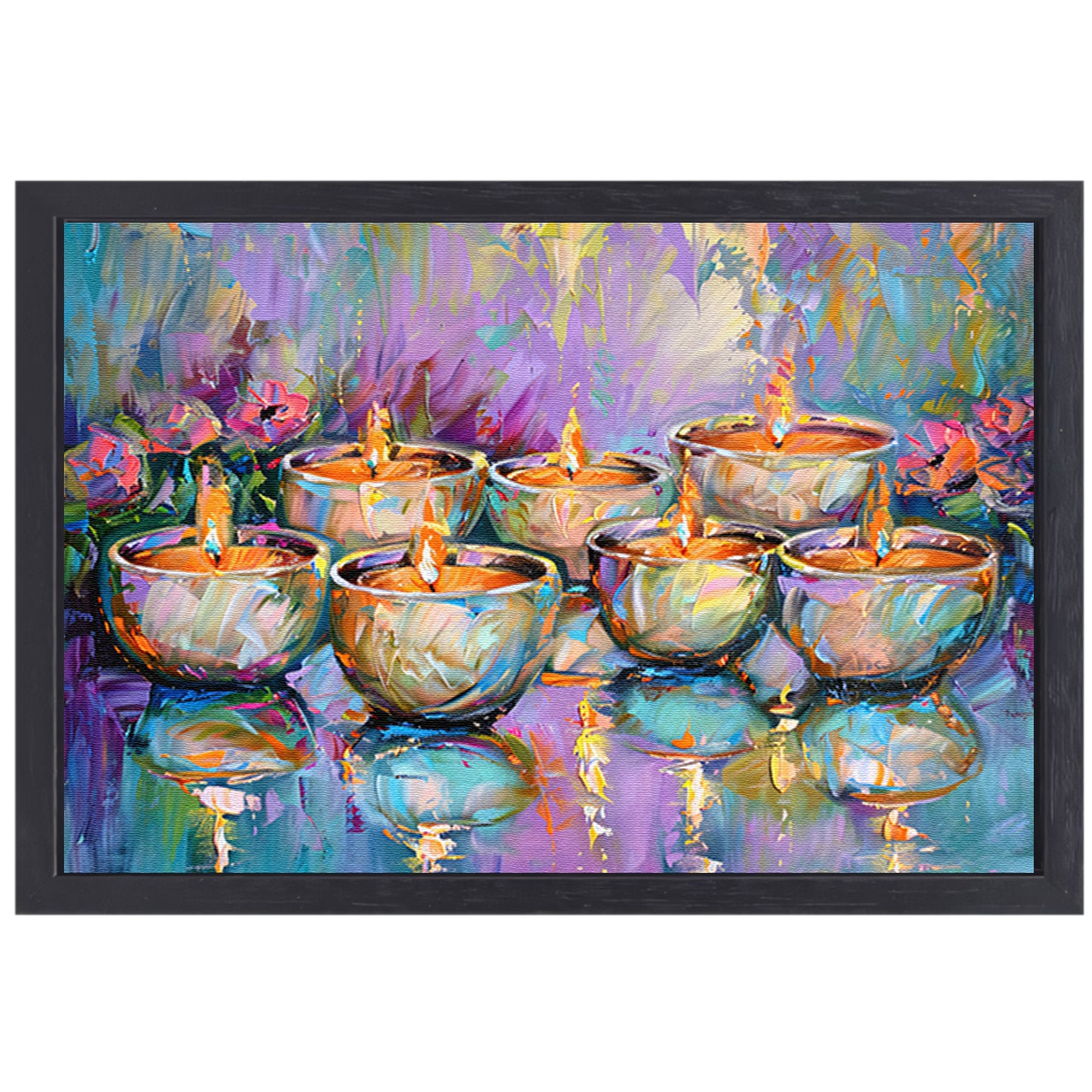 Kleurrijk abstract schilderij van brandende kaarsen canvas met baklijst