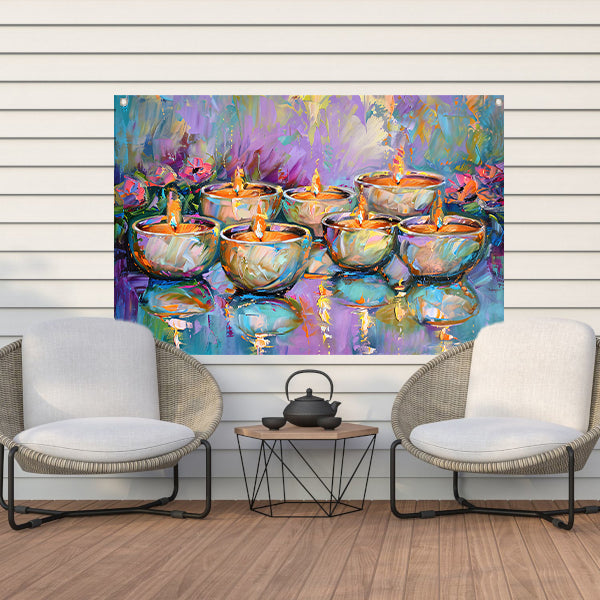 Kleurrijk abstract schilderij van brandende kaarsen tuinposter