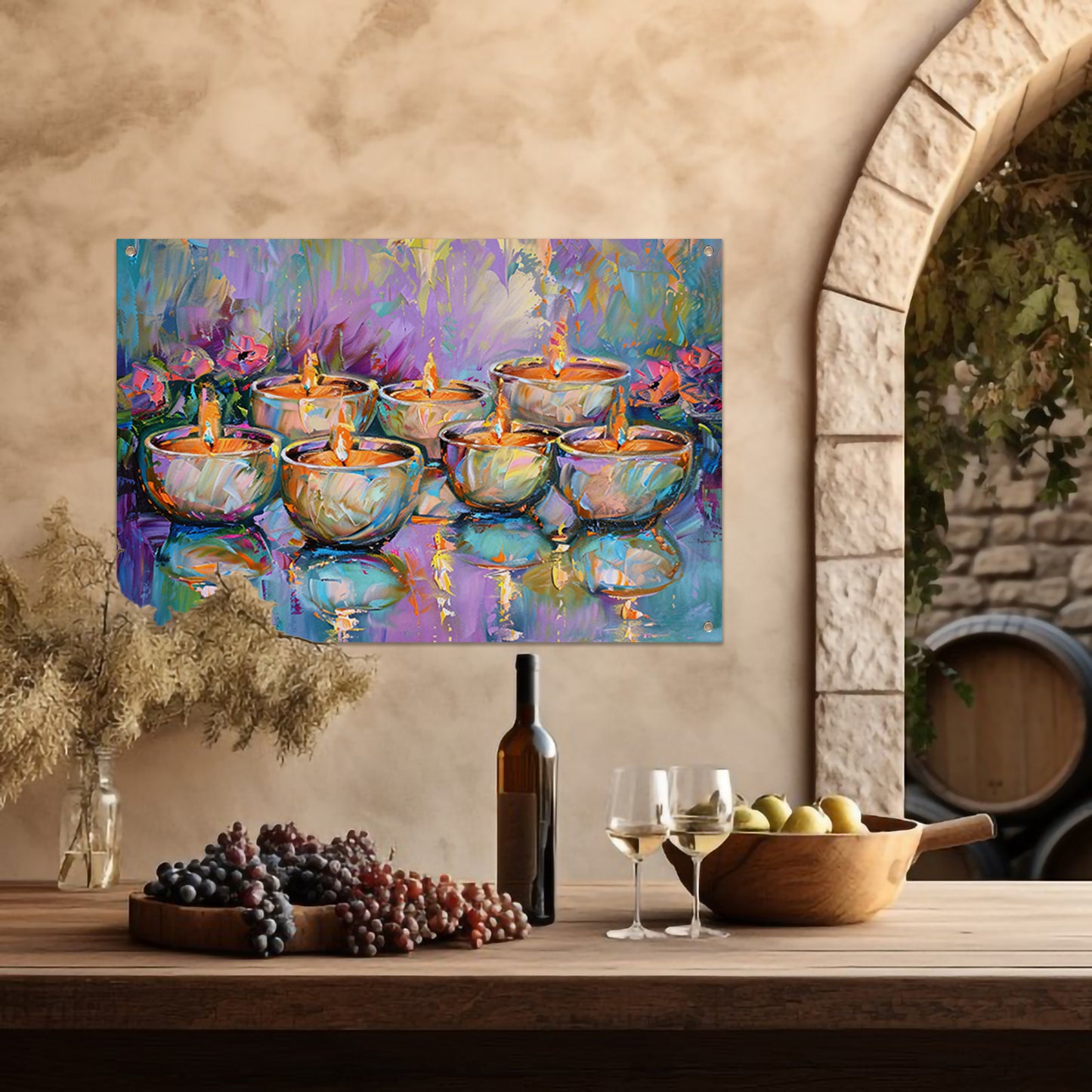 Kleurrijk abstract schilderij van brandende kaarsen tuinposter