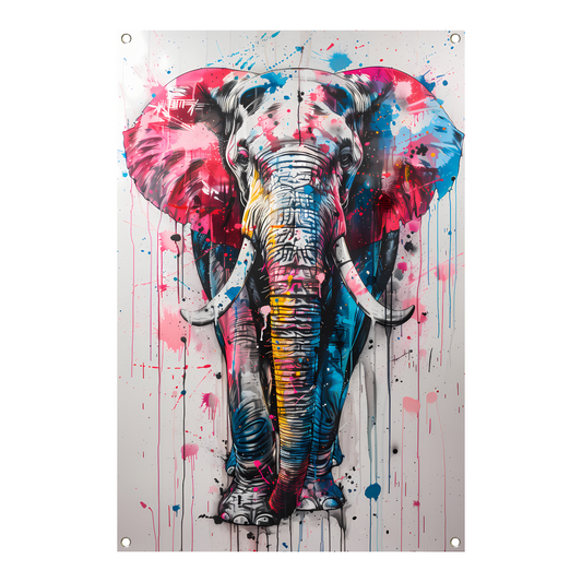 Kleurrijk olifantschilderij met dynamische verfspatten tuinposter