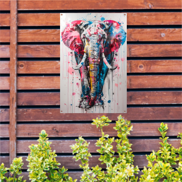 Kleurrijk olifantschilderij met dynamische verfspatten tuinposter
