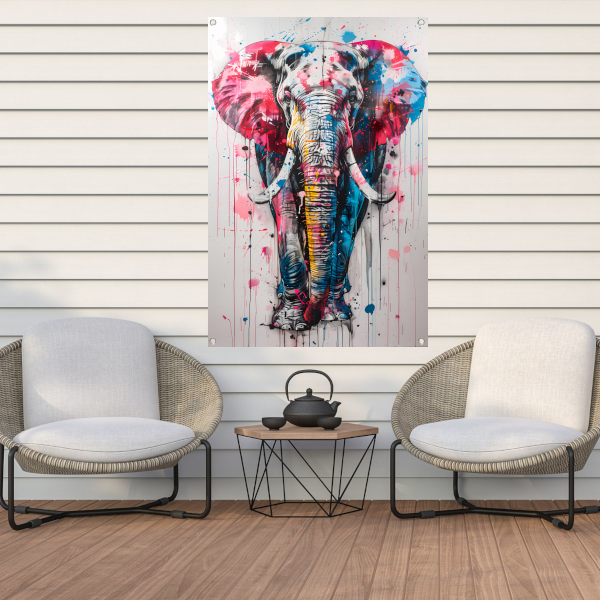 Kleurrijk olifantschilderij met dynamische verfspatten tuinposter