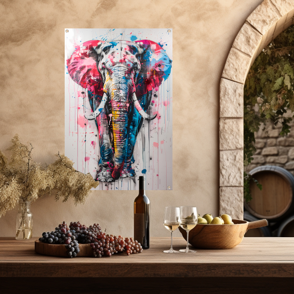 Kleurrijk olifantschilderij met dynamische verfspatten tuinposter