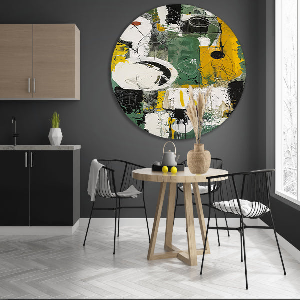 Abstract dynamisch schilderij met levendige kleuren aluminium muurcirkel