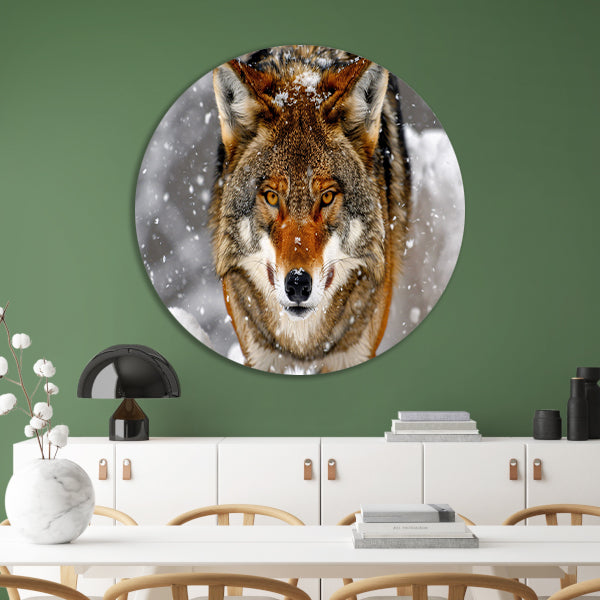 Close-up van een Wolf in de Sneeuw forex muurcirkel