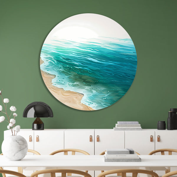 Minimalistisch schilderij van zee en strand aluminium muurcirkel