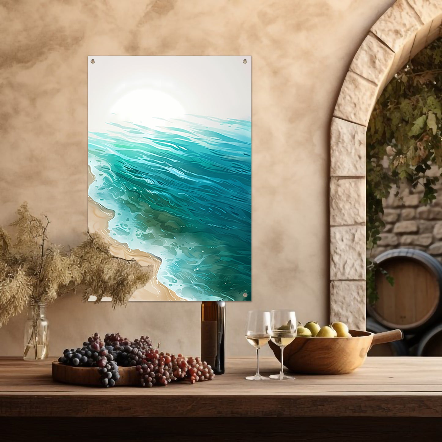 Minimalistisch schilderij van zee en strand tuinposter