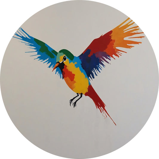 Kleurrijke Vlucht van een Abstracte Vogel aluminium muurcirkel