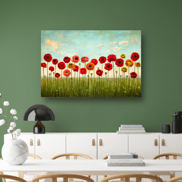 Levendige bloemen tegen blauwe lucht poster
