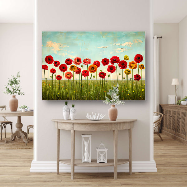 Levendige bloemen tegen blauwe lucht poster