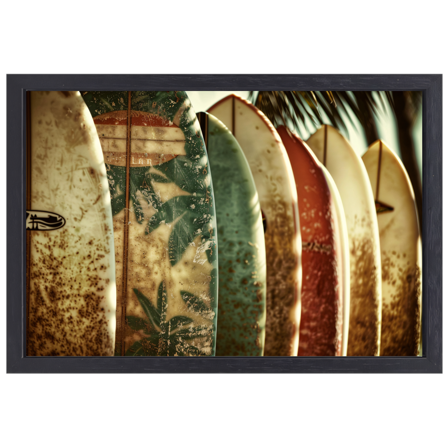 Sepia Surfplanken en Palmbladeren Collage canvas met baklijst