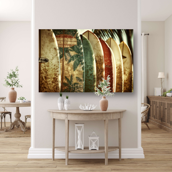 Sepia Surfplanken en Palmbladeren Collage canvas