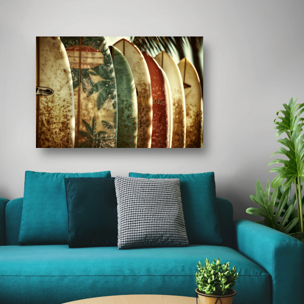 Sepia Surfplanken en Palmbladeren Collage canvas