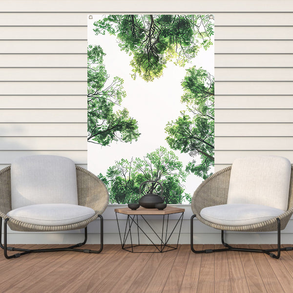 Zwart-wit foto van boomtoppen in het bos tuinposter