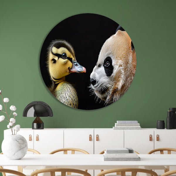 Pandababy en eendkuiken knuffelen aluminium muurcirkel