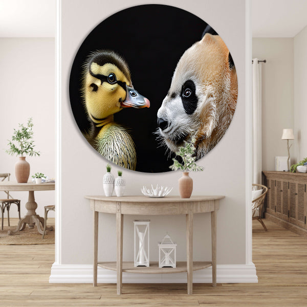 Pandababy en eendkuiken knuffelen aluminium muurcirkel