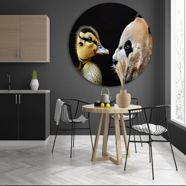 Pandababy en eendkuiken knuffelen aluminium muurcirkel