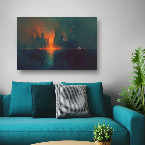 Futuristisch stadsgezicht bij zonsondergang acrylglas