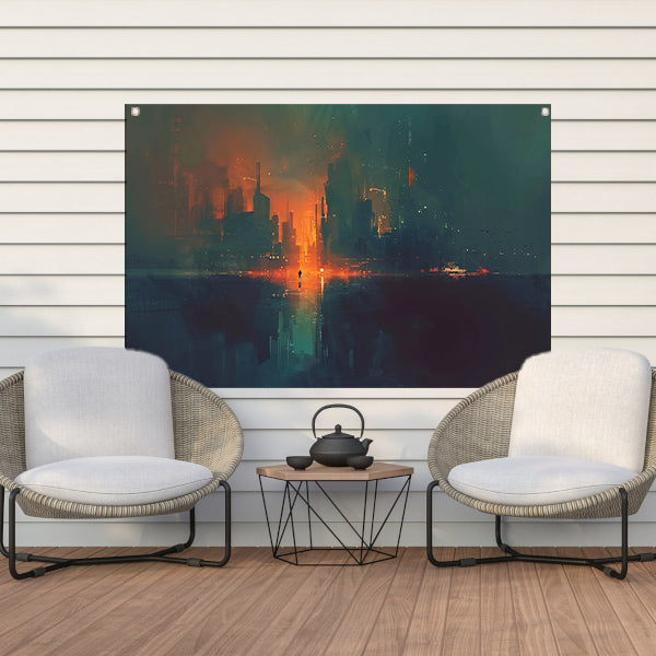 Futuristisch stadsgezicht bij zonsondergang tuinposter