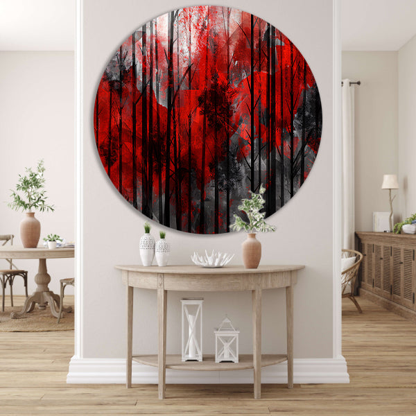 Abstract boslandschap met rode en zwarte kleuren aluminium muurcirkel