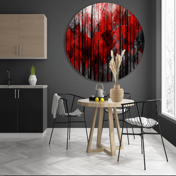 Abstract boslandschap met rode en zwarte kleuren aluminium muurcirkel